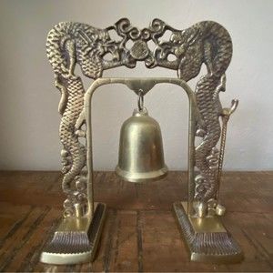 Vintage Chinese Brass Bell on Ornate Dragon Arch with Mallet
